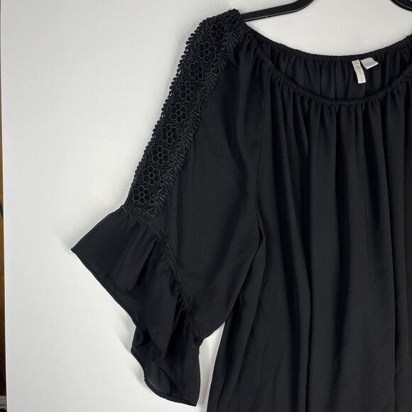 CATO Women’s Size 18/20 Solid Black Blouse 3/4 Ruffled Crochet Sleeve Pullover - Picture 3 of 6